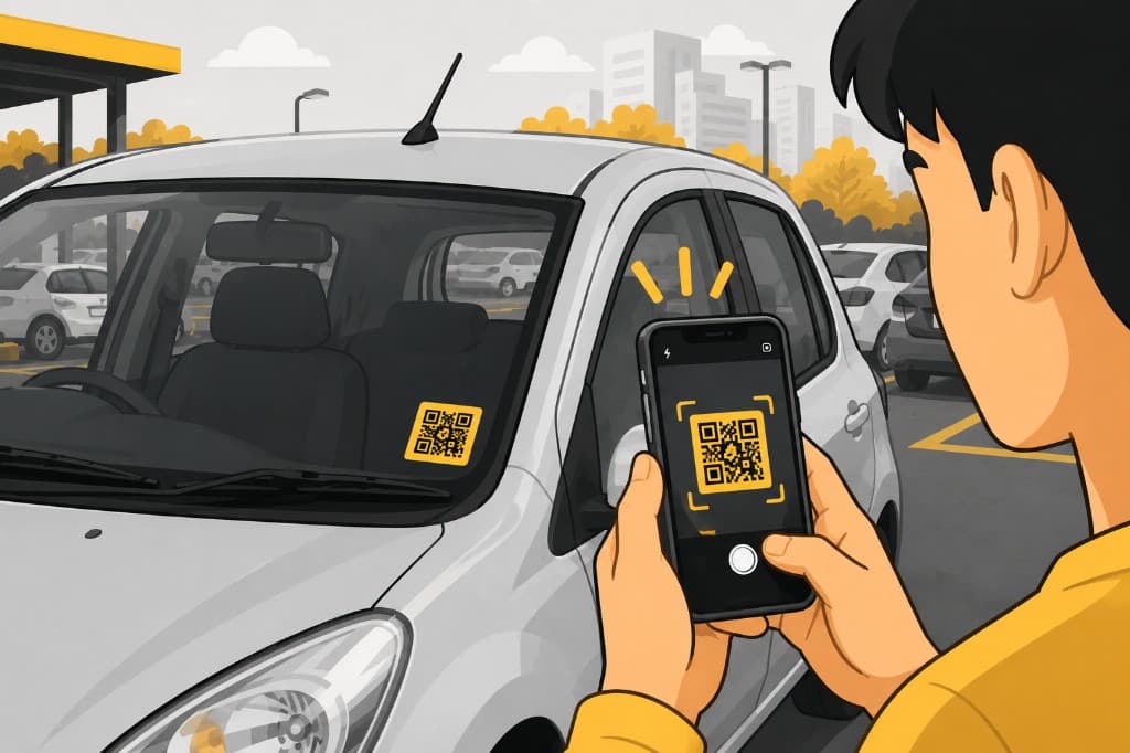 Person scanning a yellow PlatePings QR sticker on a car windscreen